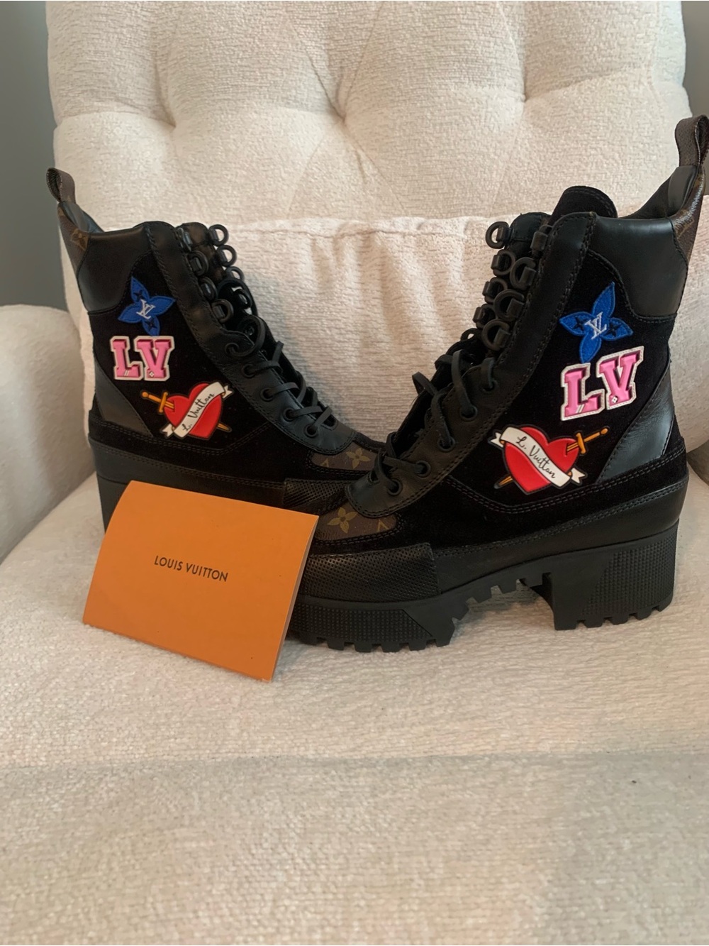 Louis Vuitton Black Lace-Up Platform Combat Boots with Pink and Blue Patches